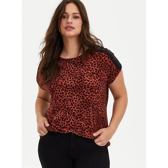 Torrid Womens Plus 2x Super Soft Animal Print Lace Inset Dolman Tee - Picture 3 of 7